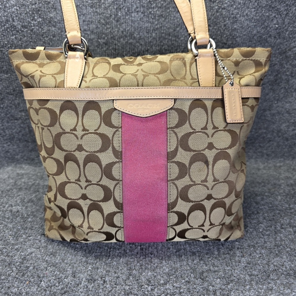 Coach Signature Stripe Tote Khaki Pink Jacquard Canvas Shoulder Bag F28504